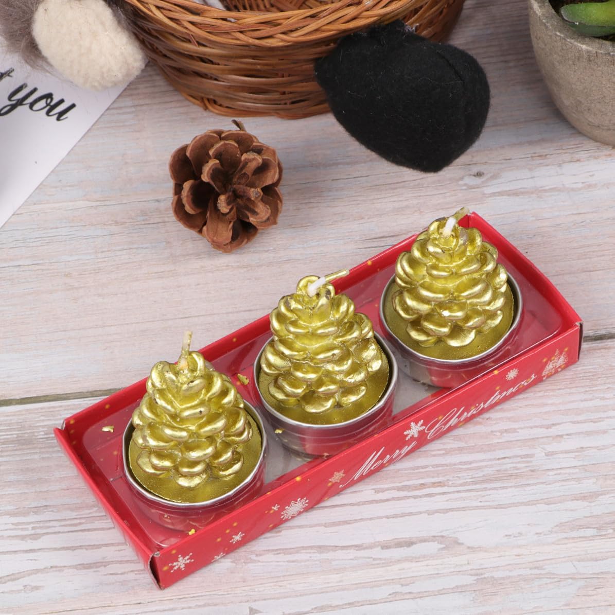 Christmas Pine Cone Wax Candle 3 Pcs with Holder Cups Xmas