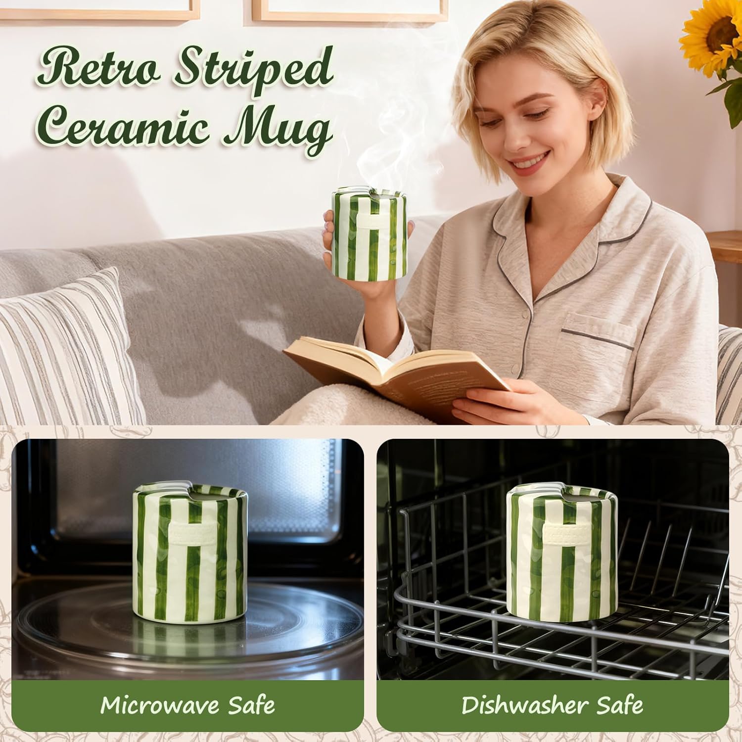 Novelty Ceramic Coffee Mug Designed to Look Like a Gift Box, 10oz Retro Hand-Painted Ceramic Travel Mug, Green & White Striped Design, Microwave & Dishwasher Safe, Perfect Present for Coffee Lovers - Image 8