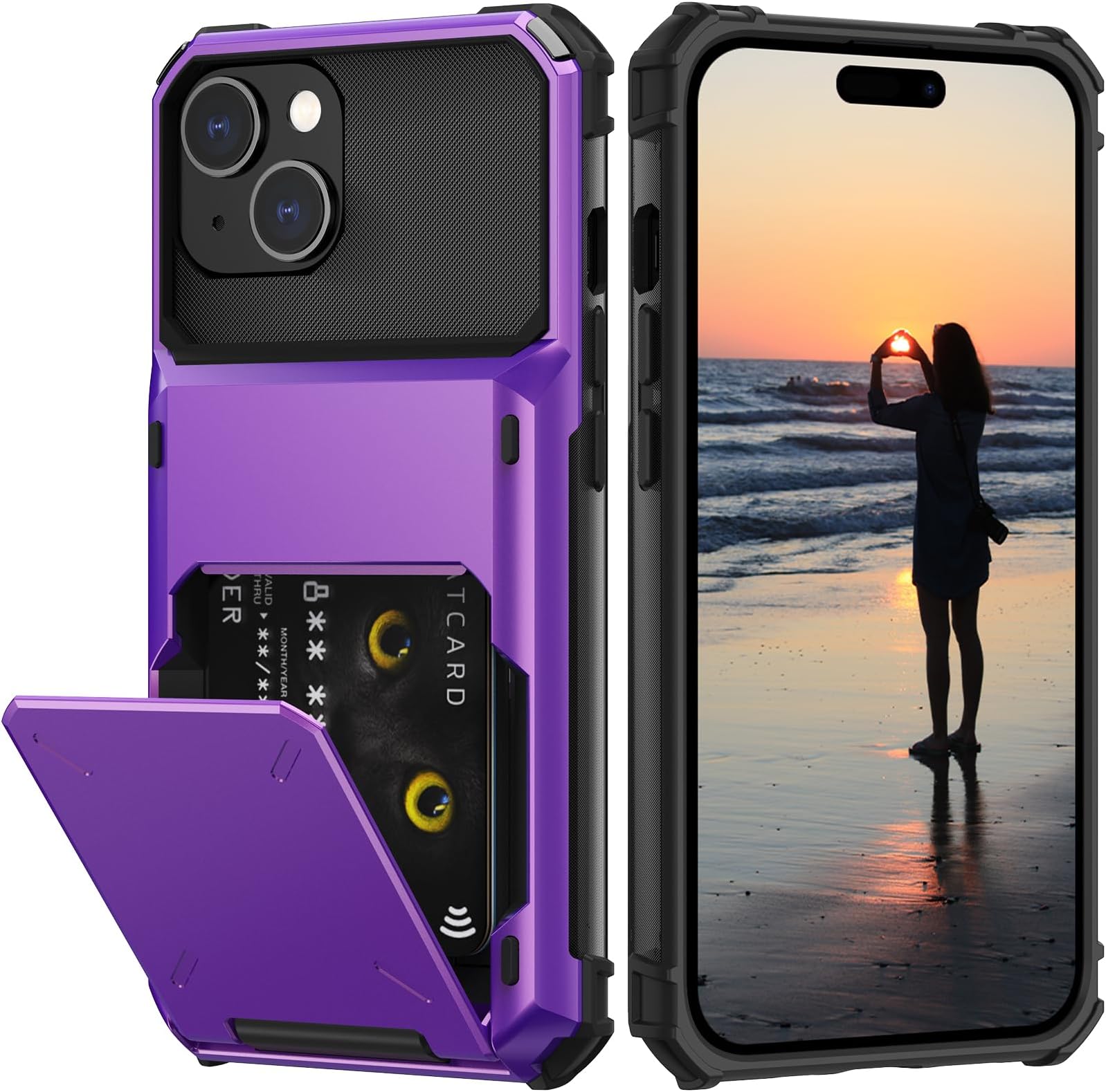 NvollnoeCompatible with iPhone 15 Plus Case with Card Holder[Store 5 Cards] Dual Layer Heavy Duty Shockproof Wallet Case with Hidden Card Slot Large Storage Cover for Men&Women 6.7''(Purple)