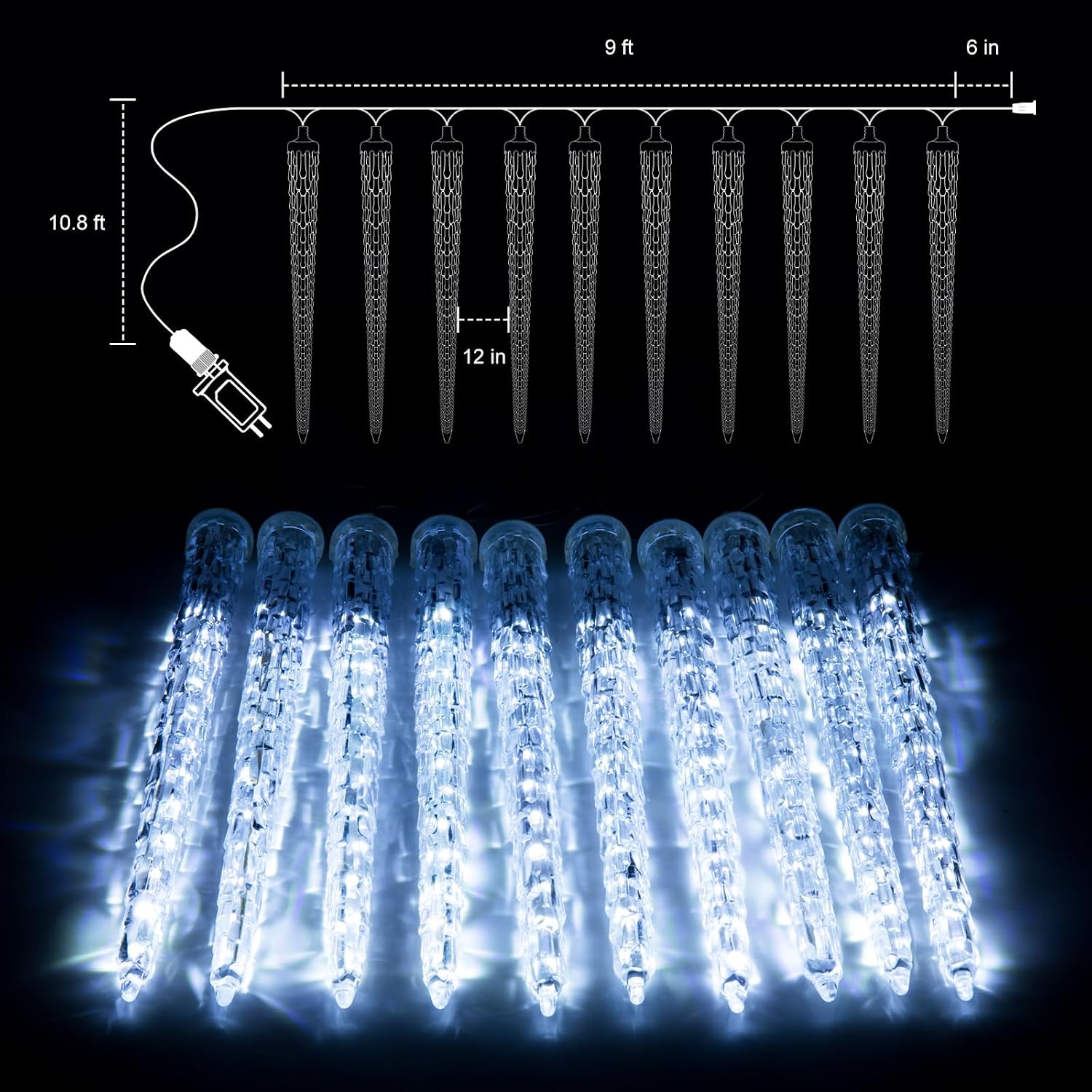 Christmas Icicle Lights Outdoor, 10Ft Meteor Shower Lights with 10 Ice Shaped Tube, Snowfall Shooting Star Light Effect, Falling Crystal Christmas Decorations for House Eave Roofline, Cool White