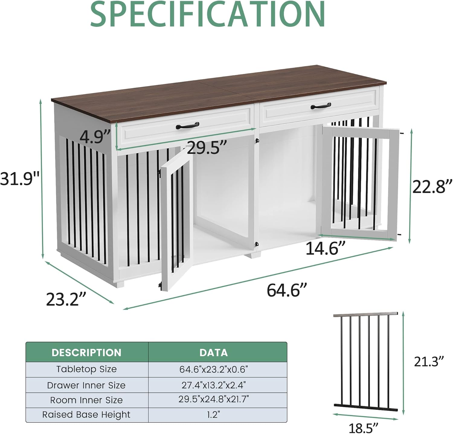 Furniture Style Dog Crate, 64.6 Inch Wooden Large Dog Kennel with Drawers & Divider, Indoor Dog House Furniture with Double Rooms for Medium Small Dogs, White