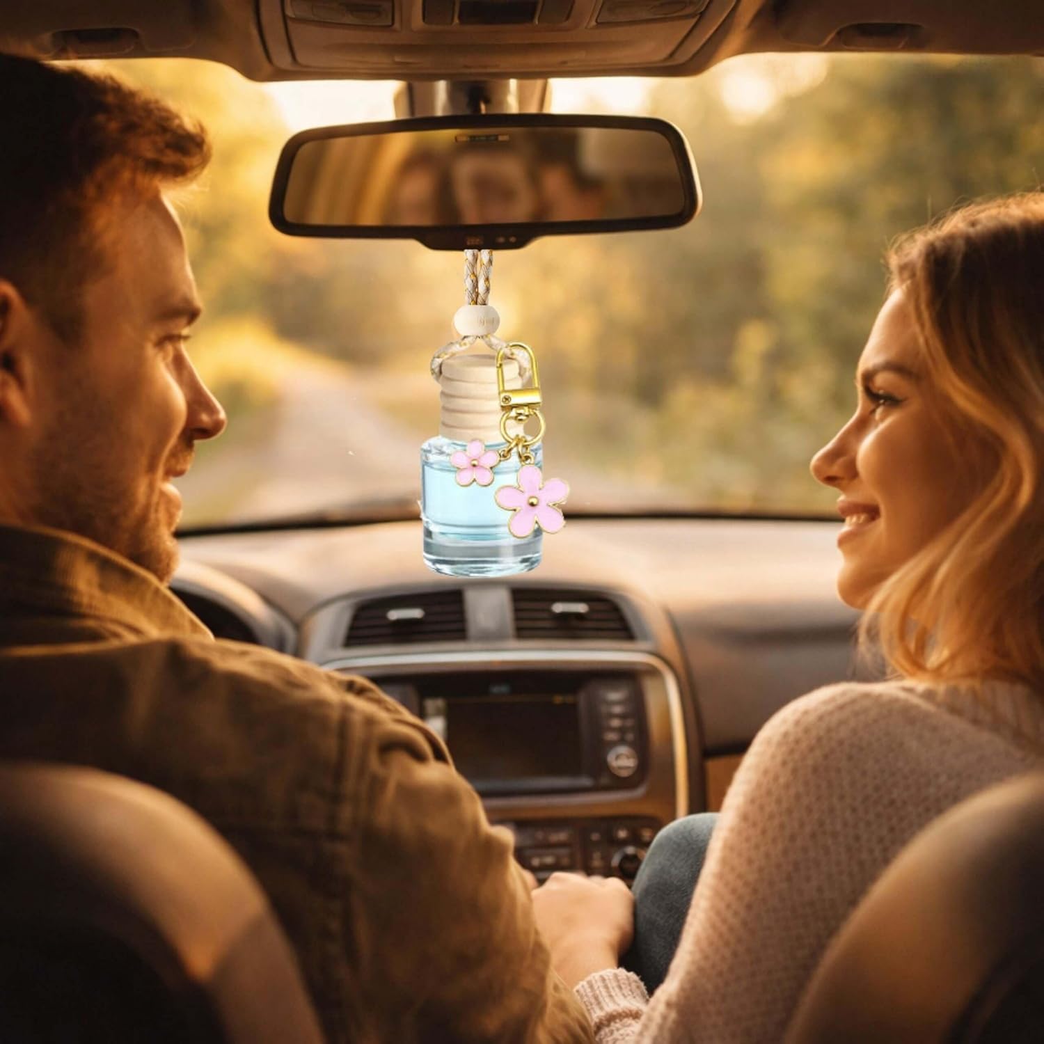 6 Pcs 8ml Hanging Car Diffuser Bottle,With Cherry Pendant, Refillable Clear Glass Aroma Diffuser With Wooden Cap & String, Long-Lasting Scent, Odor Eliminator For Car, Home & Office (Pink Daisy) image 5