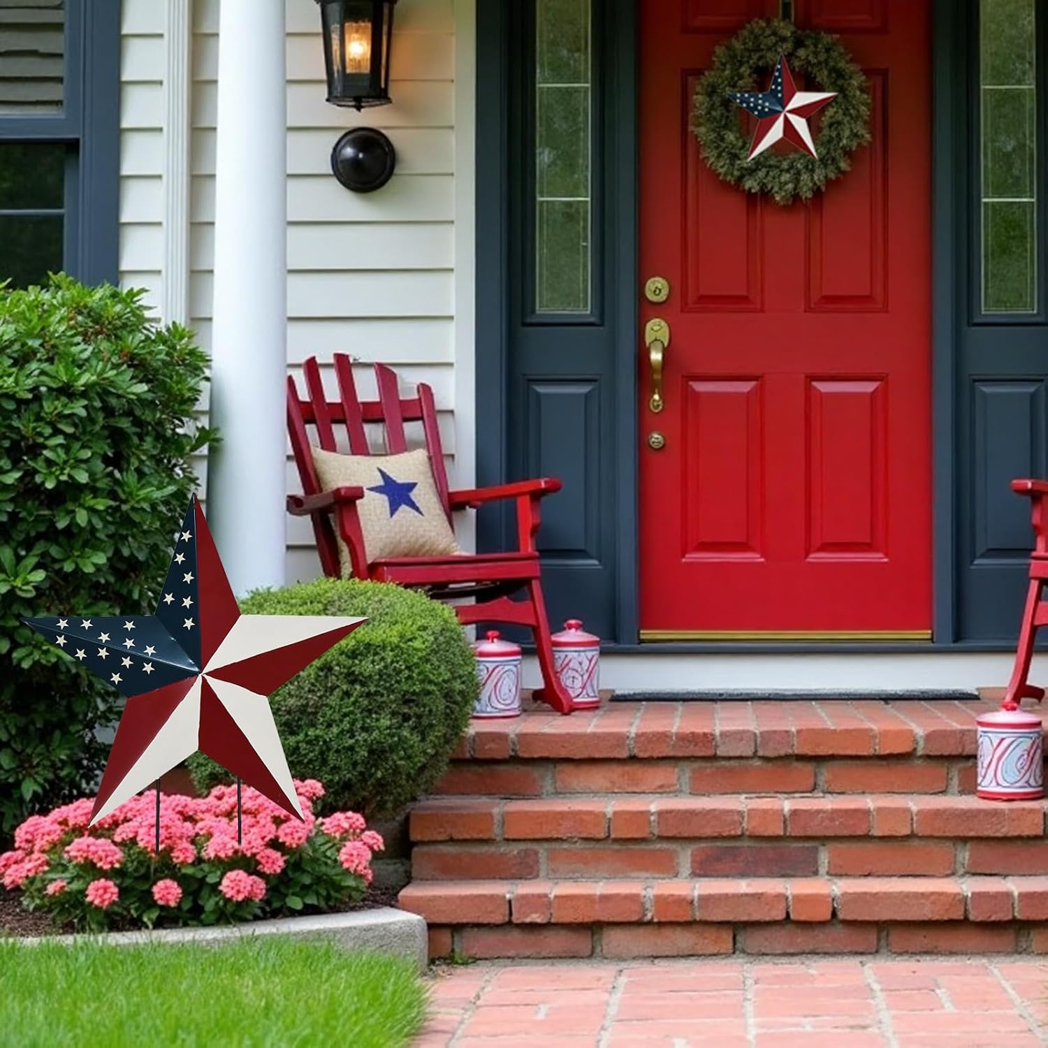 Memorial Day Decorations Outdoor Patriotic Star Yard Sign with Stake, Metal US Flag Star Barn Hanging Wall Art 4th of July American Garden Patio Lawn Decor for Independence Day Veterans Day