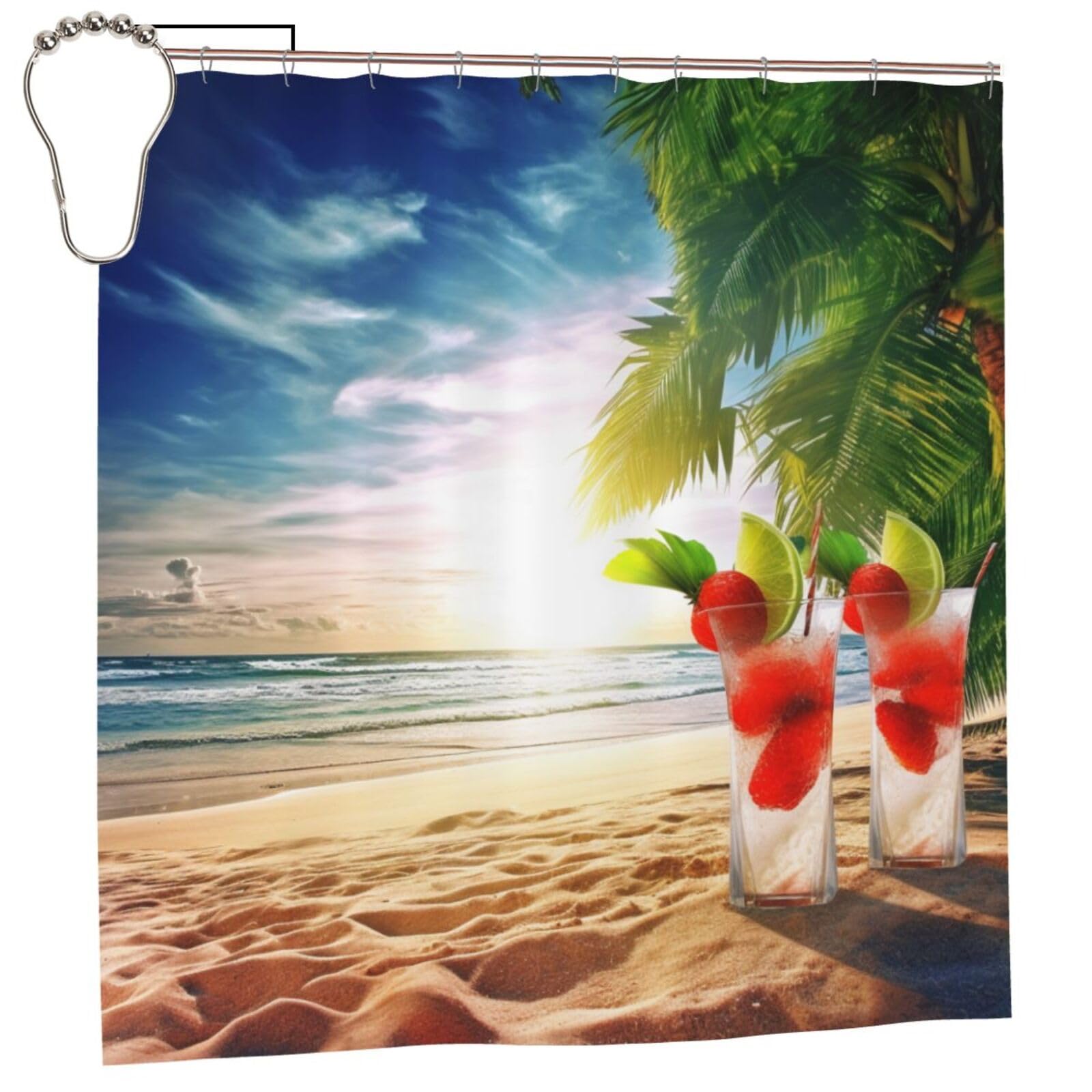 BWWHCCTI Tropical Beach Printed Shower Curtain With 12 Iron Hooks Opaque Quick Drying Waterproof Shower Curtains Sets For Bathroom 183x183 CM