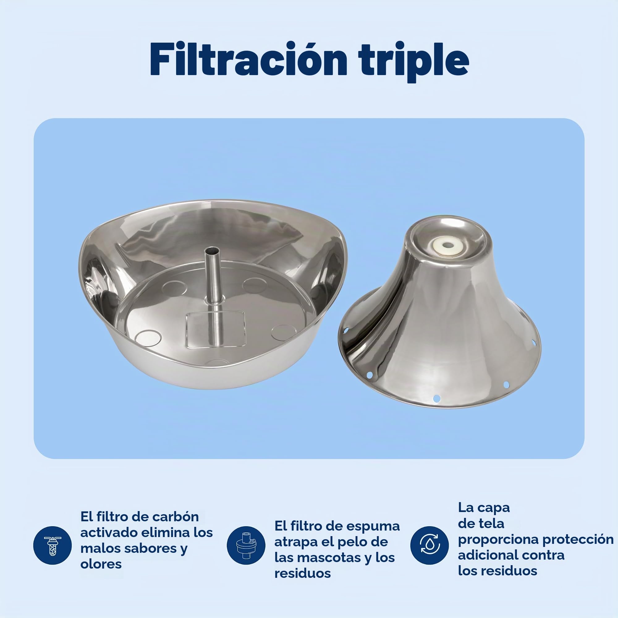 PetSafe Seaside Pet Waterfontein, Capacidad de Agua de 1,8 l, Fuente de Acero Inoxidable para Gatos, Ayuda a prevenir el acné en Las Mascotas, Material Resistente a los arañazos y la oxidación
