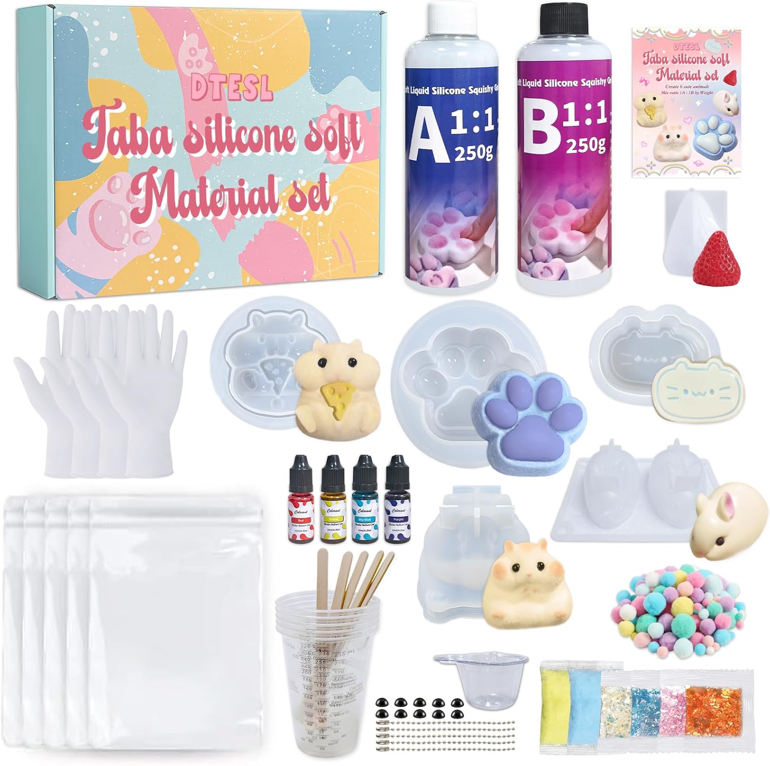 DTESL DIY Taba Squishy Making Kit 18OZ 1:1 AB Liquid Silicone with 6 Molds Cheese Hamster/Sitting Hamster/Mold Cat Claw/Rabbit/Cat/Strawberry Color Paste, Flocking Powder,Gifts Party Favors