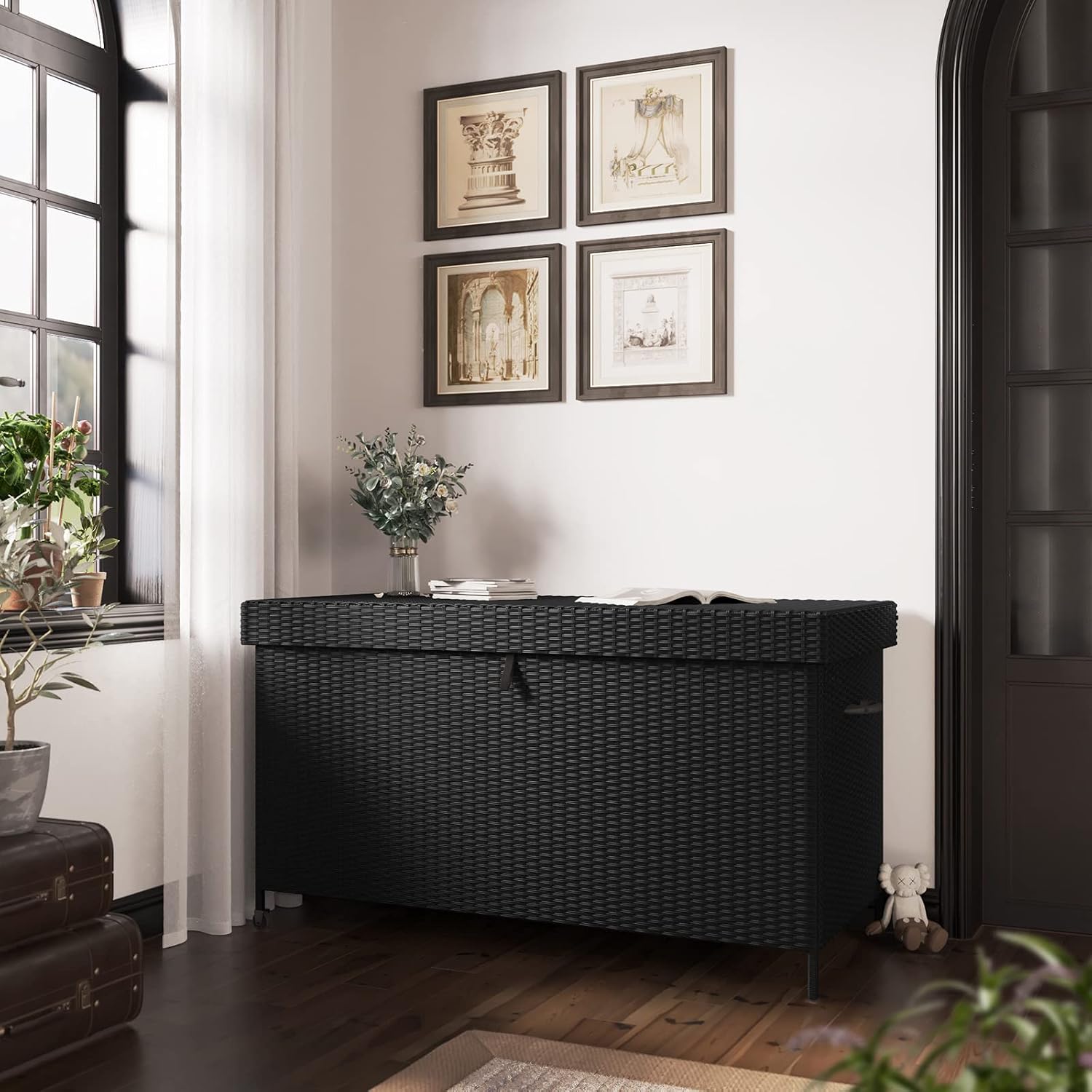 Grand patio SORIA 170-Gallon Deck Storage Box for Indoor and Outdoor Storage Wicker Storage Furniture for Patio Cushions, Garden Tools, Pool Accessories - Black