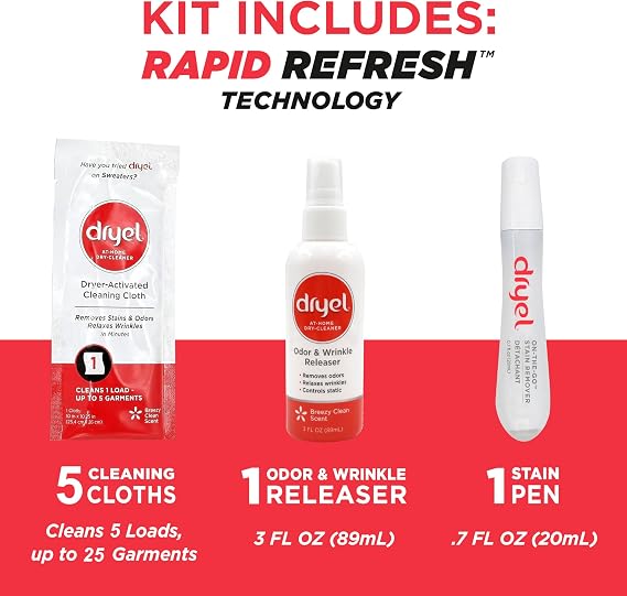 dryel At-Home Dry Cleaner Kit, New and Improved Formula with Rapid Refresh Technology, Gentle Laundry Care for Special Fabrics and Dry-Clean-Only Clothes, 5 Loads