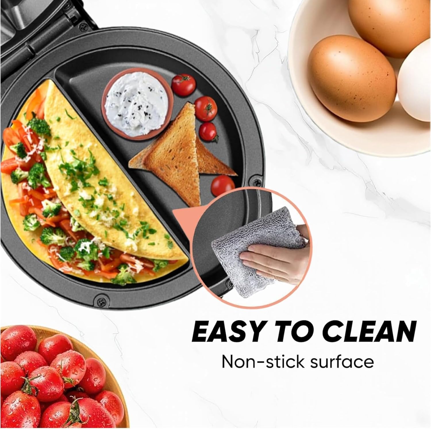 Rapid Double-Sided Egg Cooker With Indicator Lights,Black Dual Zone Electric Omelette Maker,Compact Breakfast Maker for 2 Omelettes Simultaneously,for Home,Dorm&Travel