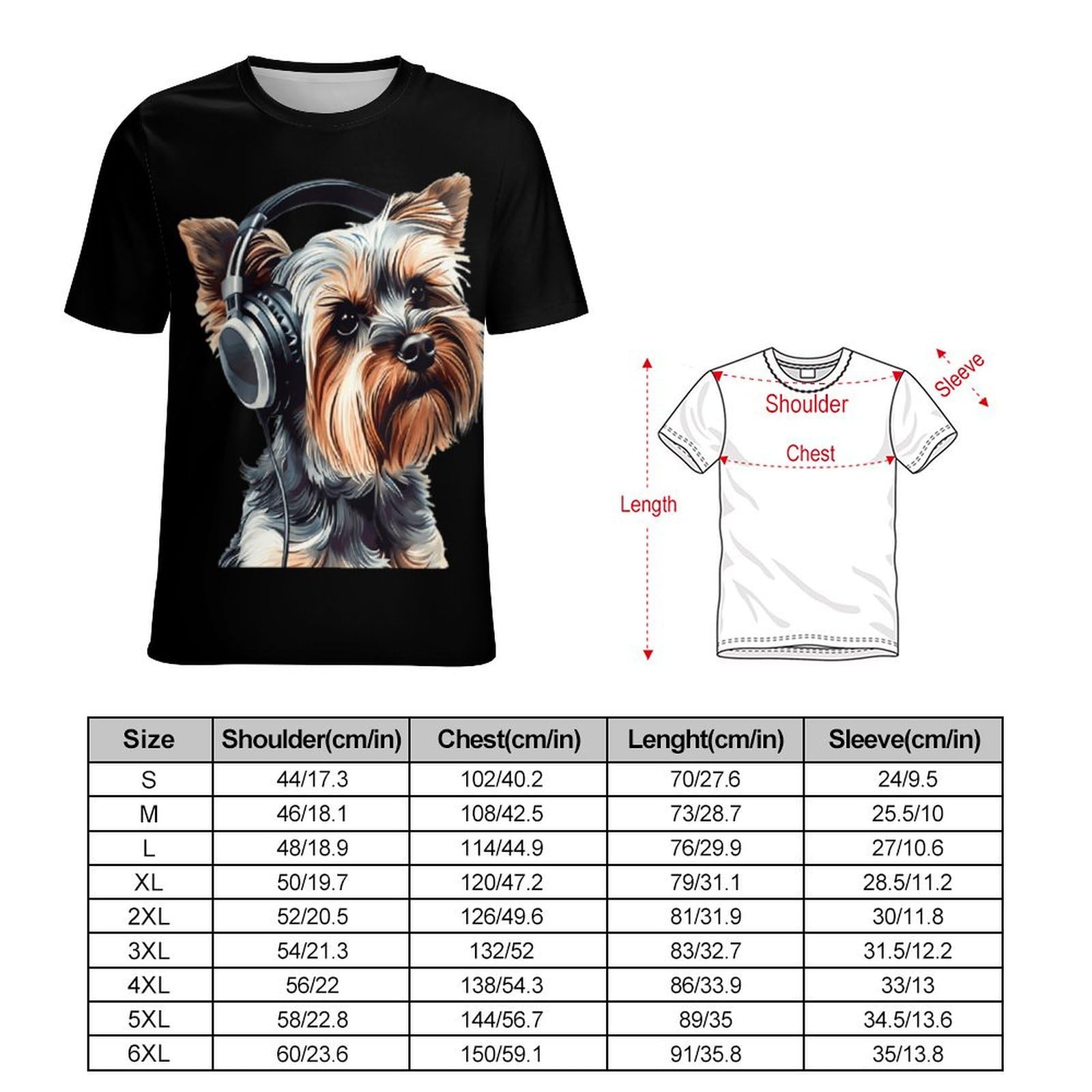 Yorkshire Terrier with Headphone Unisex Adult T-Shirts Summer Short Sleeve Tee Casual Tops Funny Graphic XL