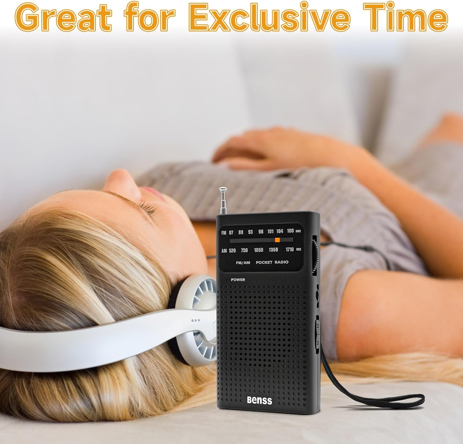 Person relaxing and listening to the Benss radio with headphones.