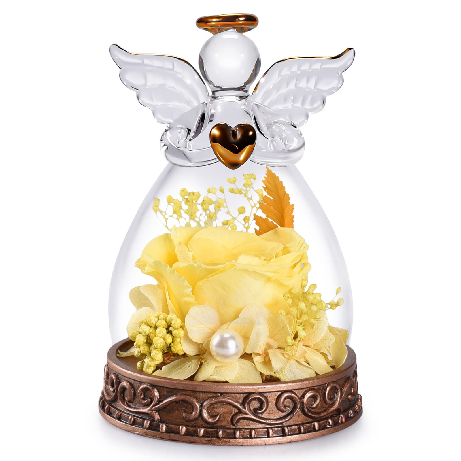 Preserved Real Rose in Glass Angel Figurine with LED Light, Angel Gifts for Women, Mom, Grandma on Mother's Day Christmas Birthday (Yellow)