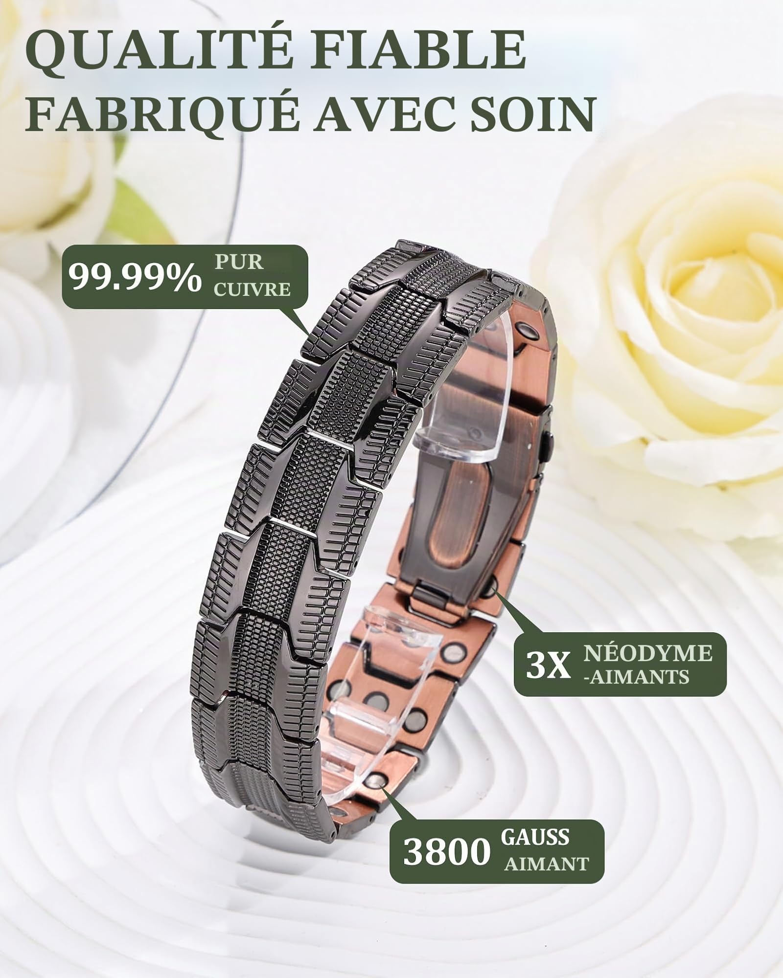 BioMag Bracelet magnétique pour homme en cuivre pur 99,99 % - Bracelet de thérapie magnétique avec outil de réglage de la taille gratuit pour une longueur de poignet individuelle