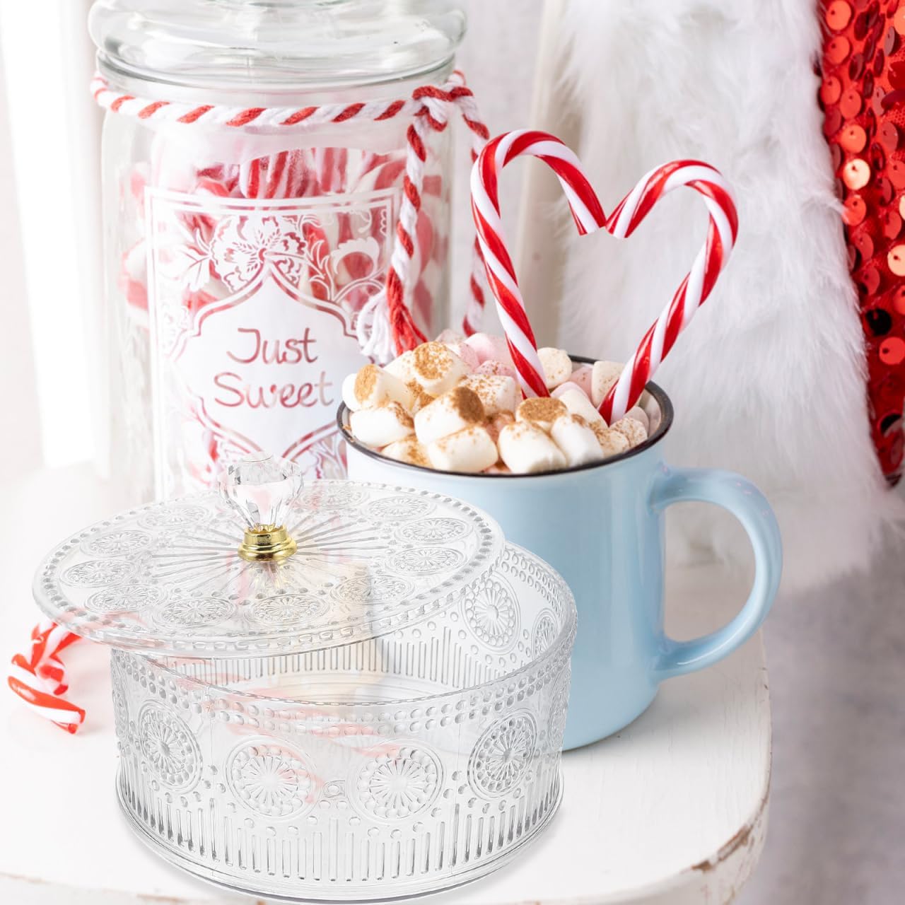 Apothecary Jar with Lid Embossed Plastic Candy Cookie Bowl with Lid Decorative Jewelry Organizer Box for Home Party