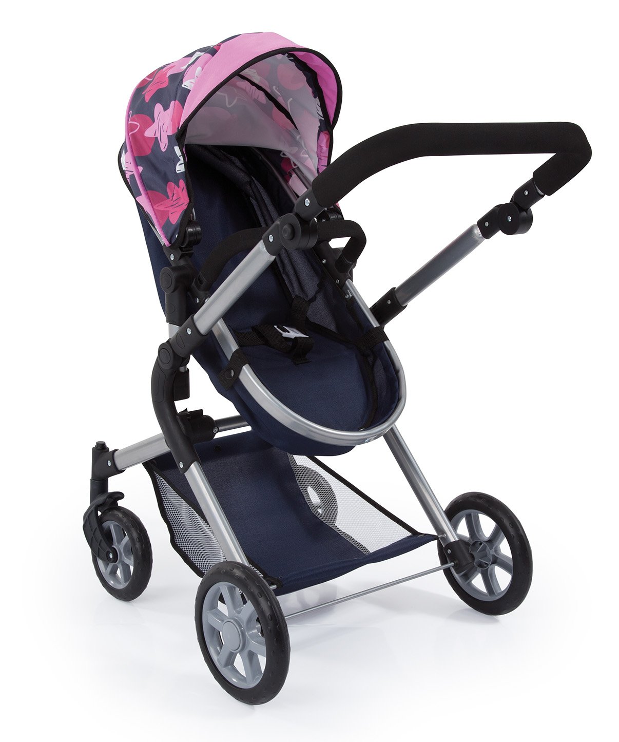 Bayer Design 18169AA Passeggino/Carrozzina per Bambola, regolabile in altezza, pieghevole, blu con motivo a stella