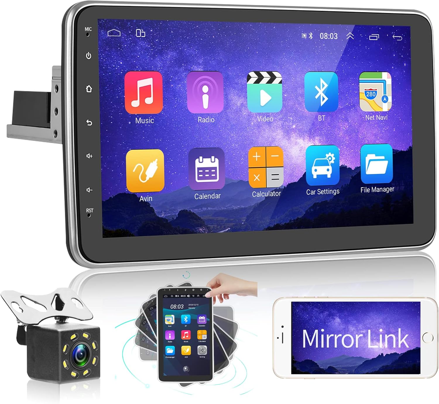 Suреr Sаlе 🛒 podofo Android Single Din Car Stereo 10 Inch HD Capacitive Vertical Rotatable Touch Screen In Dash GPS Head Unit with Bluetooth and Backup Camera,Car Audio Receivers Support Wifi Subwoofer Mirror Link