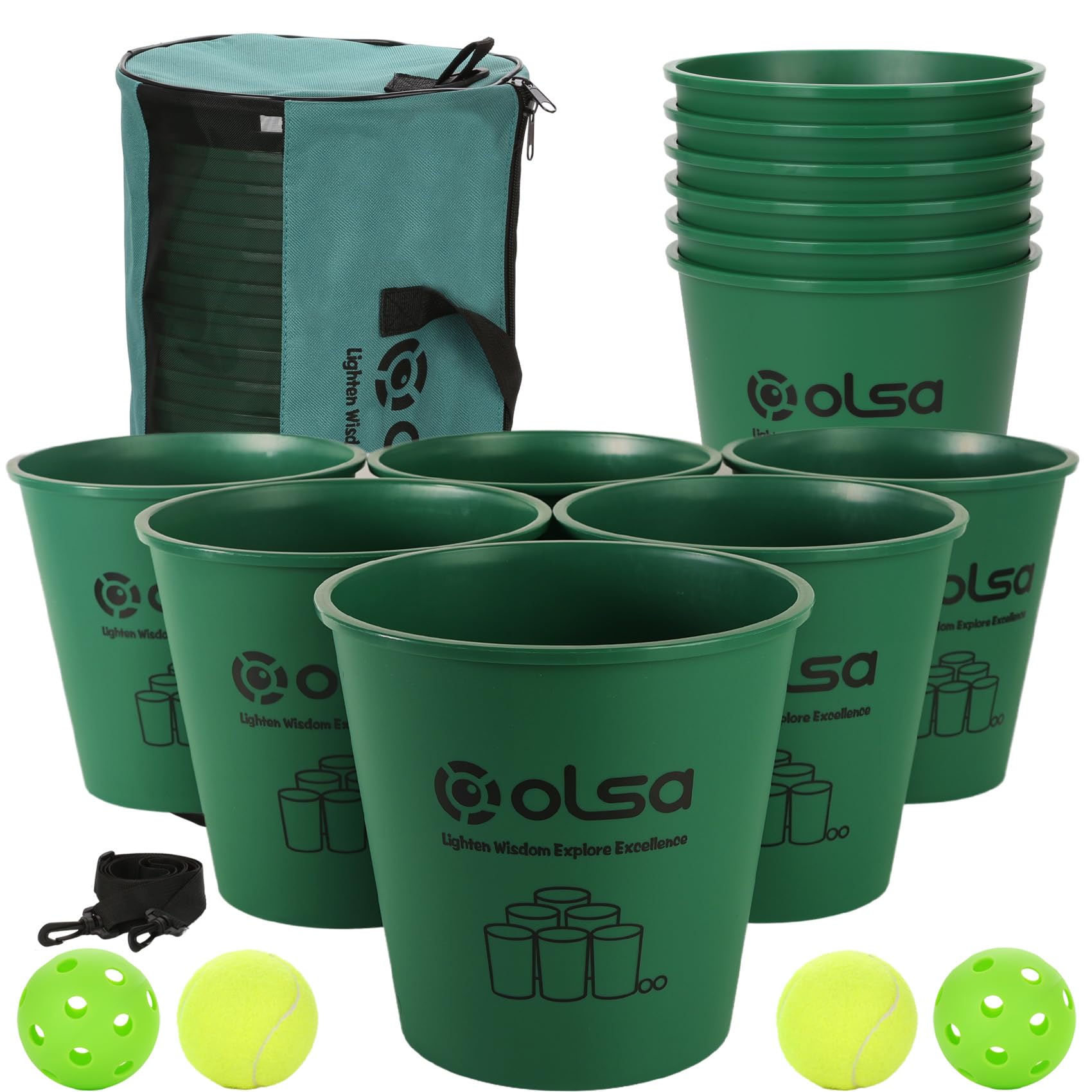 Photo 1 of Olsa Yard Pong Outdoor Games, Giant Yard Pong Yard Game with 12 Buckets, Balls, Strength Carrying Bag for Backyard Beach Lawn Park Camping, Toss Outdoor Games for Adults (Green)