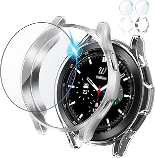 مجموعة شاشة حماية من الزجاج المقوى قطعتين وجراب البولي يوريثين المقاوم للحرارة الناعم لساعة سامسونج جالاكسي 4 كلاسيك 2021 مقاس 46 ملم 2+2 جوتون بولي اللدن بالحرارة فضي