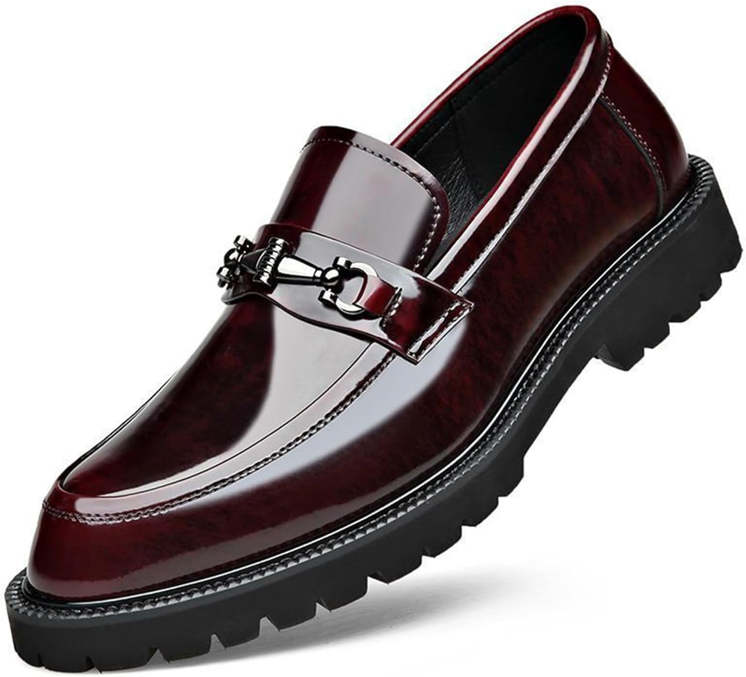 Men's Patent Leather Chunky Heel Penny Loafers with Metal Horsebit Casual Non-Slip Lug Sole Slip-On Dress Shoes for Formal Business Wedding