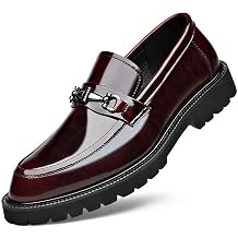 Mens Patent Leather Chunky Heel Penny Loafers with Metal Horsebit Casual Non-Slip Lug Sole Slip-On Dress Shoes for Formal Business Wedding