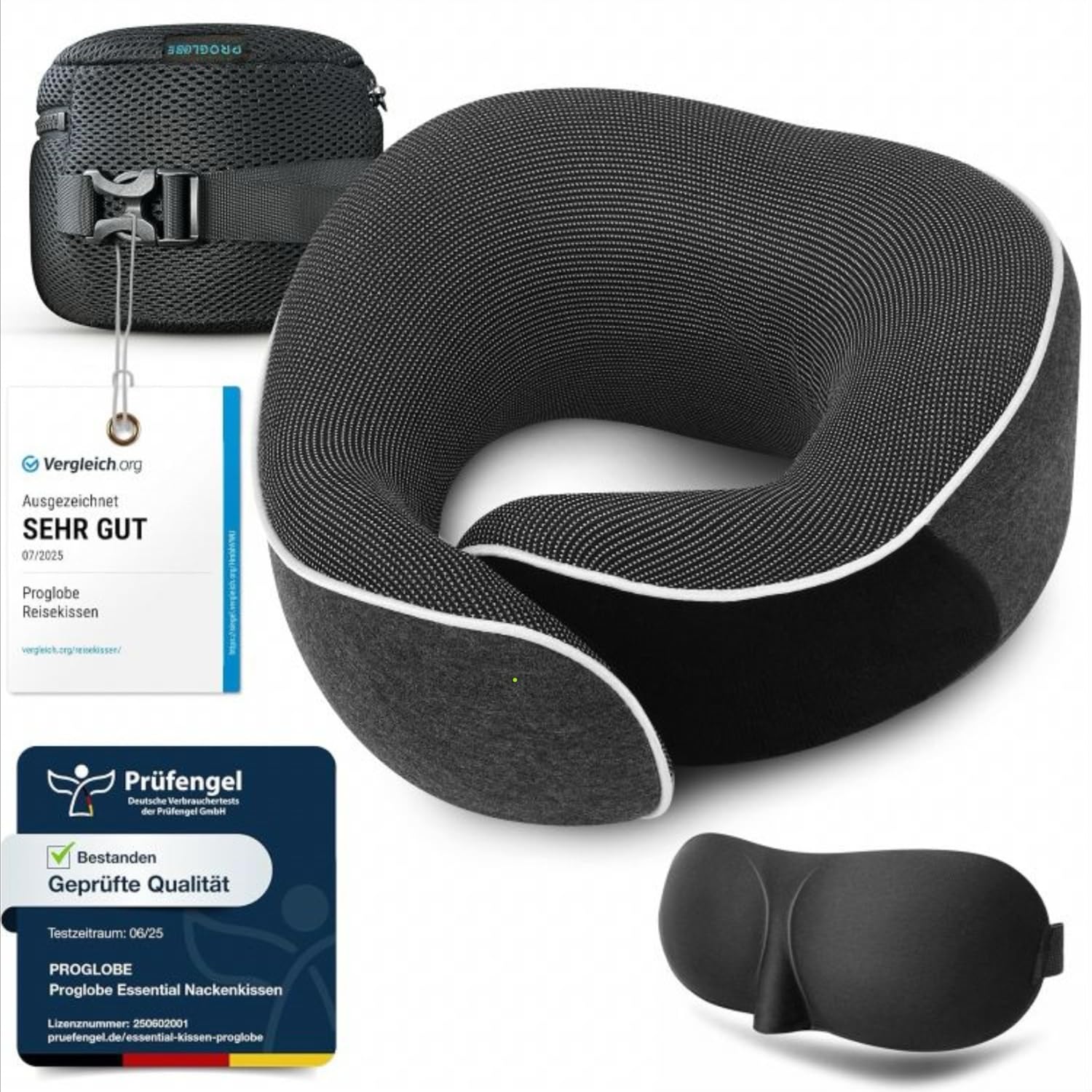 Proglobe Nackenkissen Flugzeug, Reisekissen 100% Memory Foam, Orthopädisches Nackenhörnchen, Für Reisen mit Flugzeug, Auto, Zug, Mit 3D-Schlafmaske, Hochwertige Netztasche (Dunkelgrau)