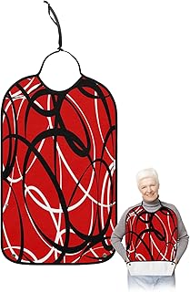 Adult Bibs for Elderly Women - Red Geometric Waterproof Dining Clothing Protectors with Crumb Catcher for Eating/Feeding, Black White Line Modern Abstract Art Terry Cloth Bib Machine Washable