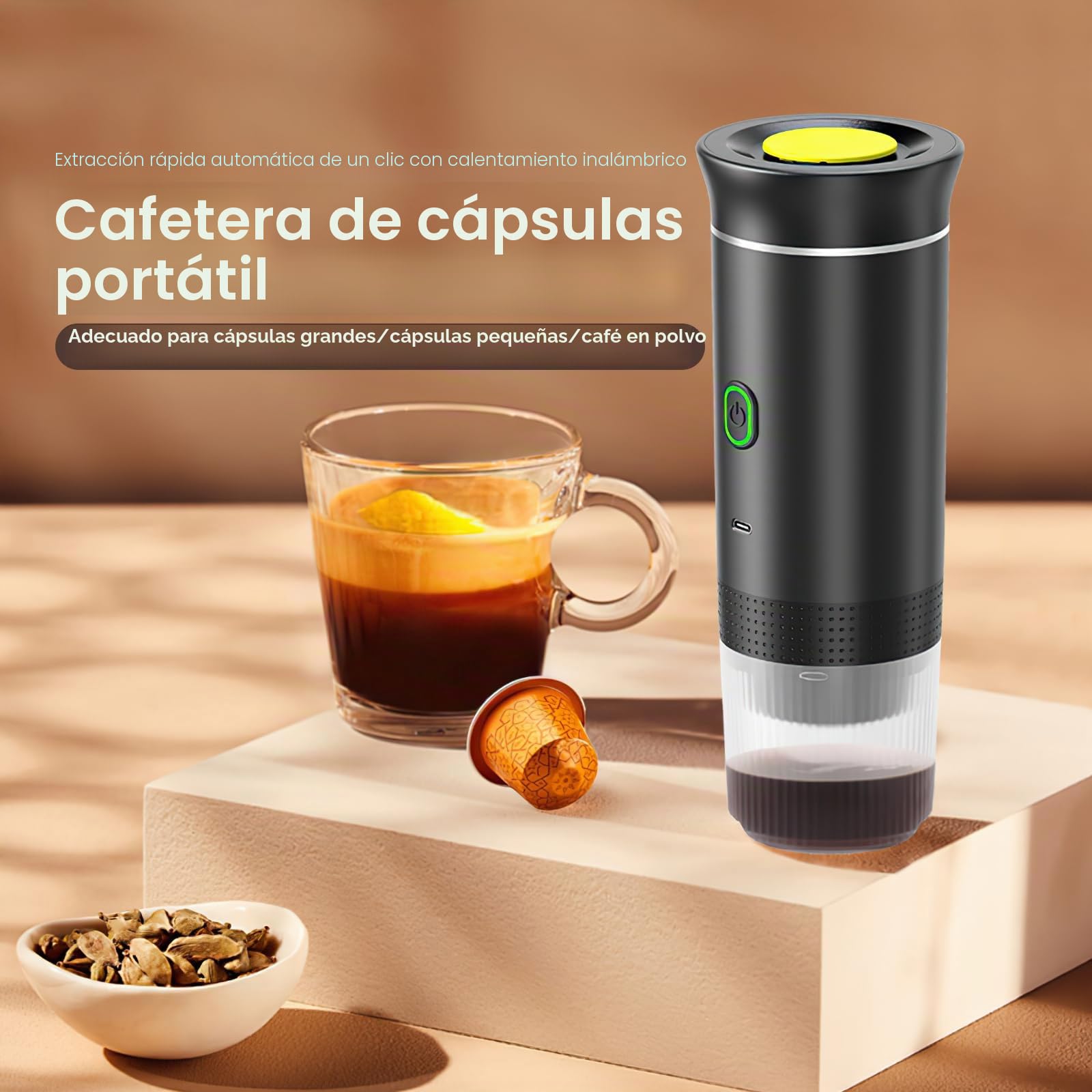 Kouamor Cafetera Portatil, 3 En 1Cafetera Espresso Eléctrica, Extracción Inteligente, Cápsulas Grandes y Pequeñas y Café en Polvo, Carga USB, Cafetera Expreso para 12V Automotriz y Camping (Negro)