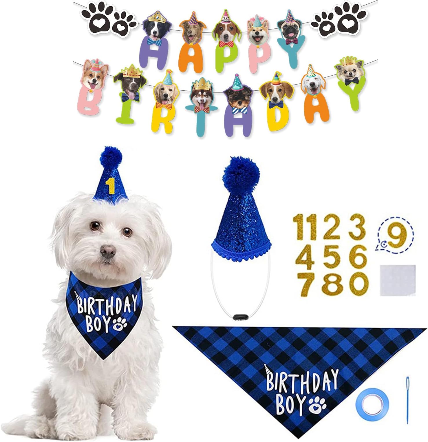 AgirlvctDog Boy Birthday Party Supplies,Birthday Hat, Bandana, Banner,Puppy Pet Theme Birthday Decorations Suit for Golden Doodle Teddy Husky Labrador((3 PCS Blue)