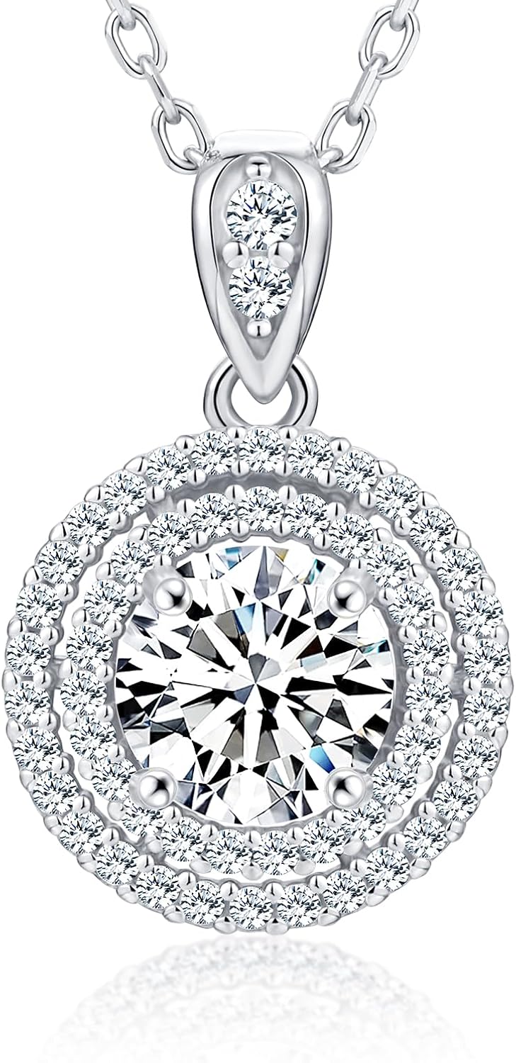 Moissanite Necklace for Women, 1-4CT S925 Sterling Silver Moissanite Pendant, 18K Gold Plated Halo White Gold Necklace- 18"+ 2" Extender Chain- Birthday Valentines Day Gifts for Her Women Wife Mom