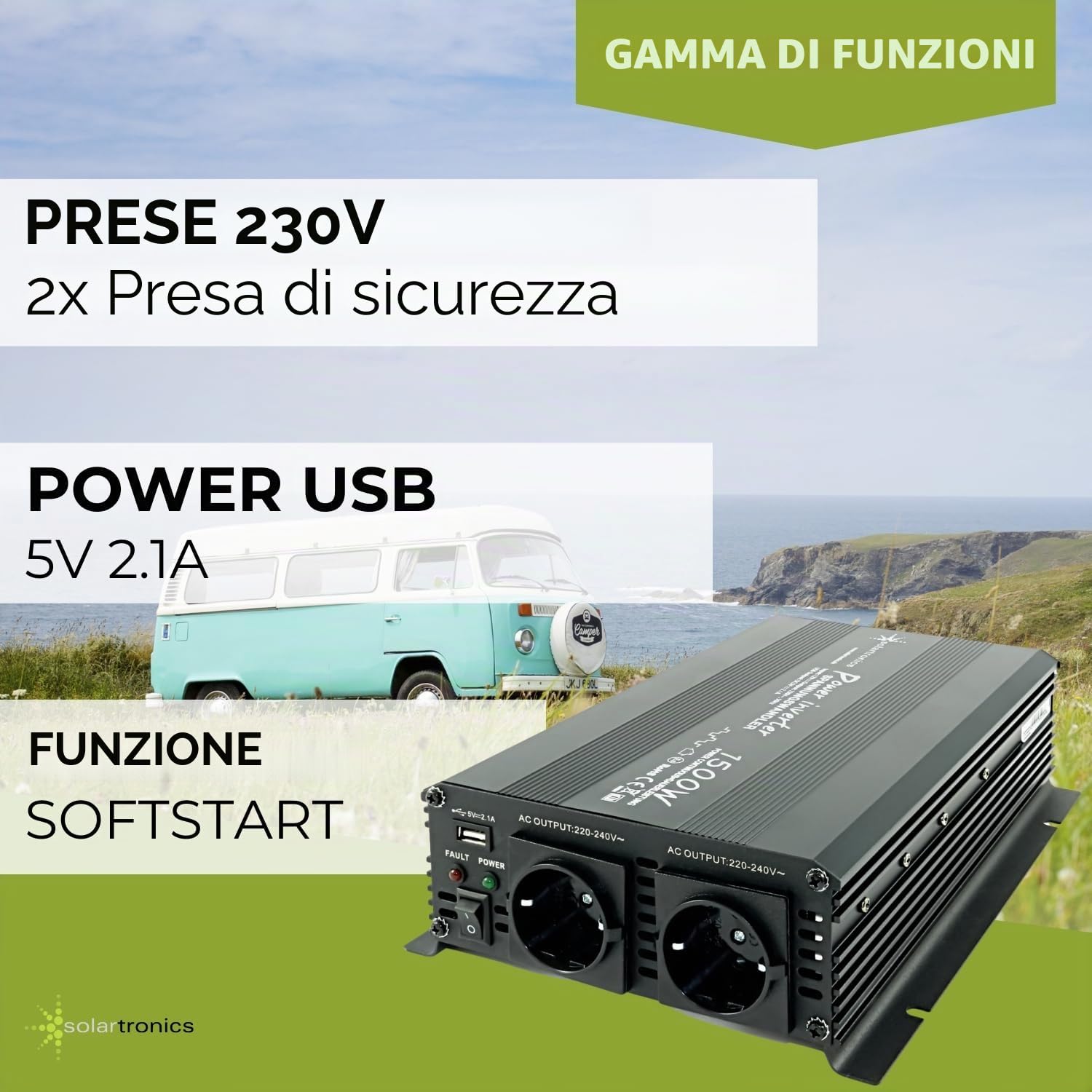 SOLARTRONICS Trasformatore di tensione NM1500, 12 V, 1500 Watt, nero, potenza di picco 3000 Watt, inverter da 12 V a 230 V, compatibile con batteria LiFePO4, al litio, al piombo o AGM, con porta