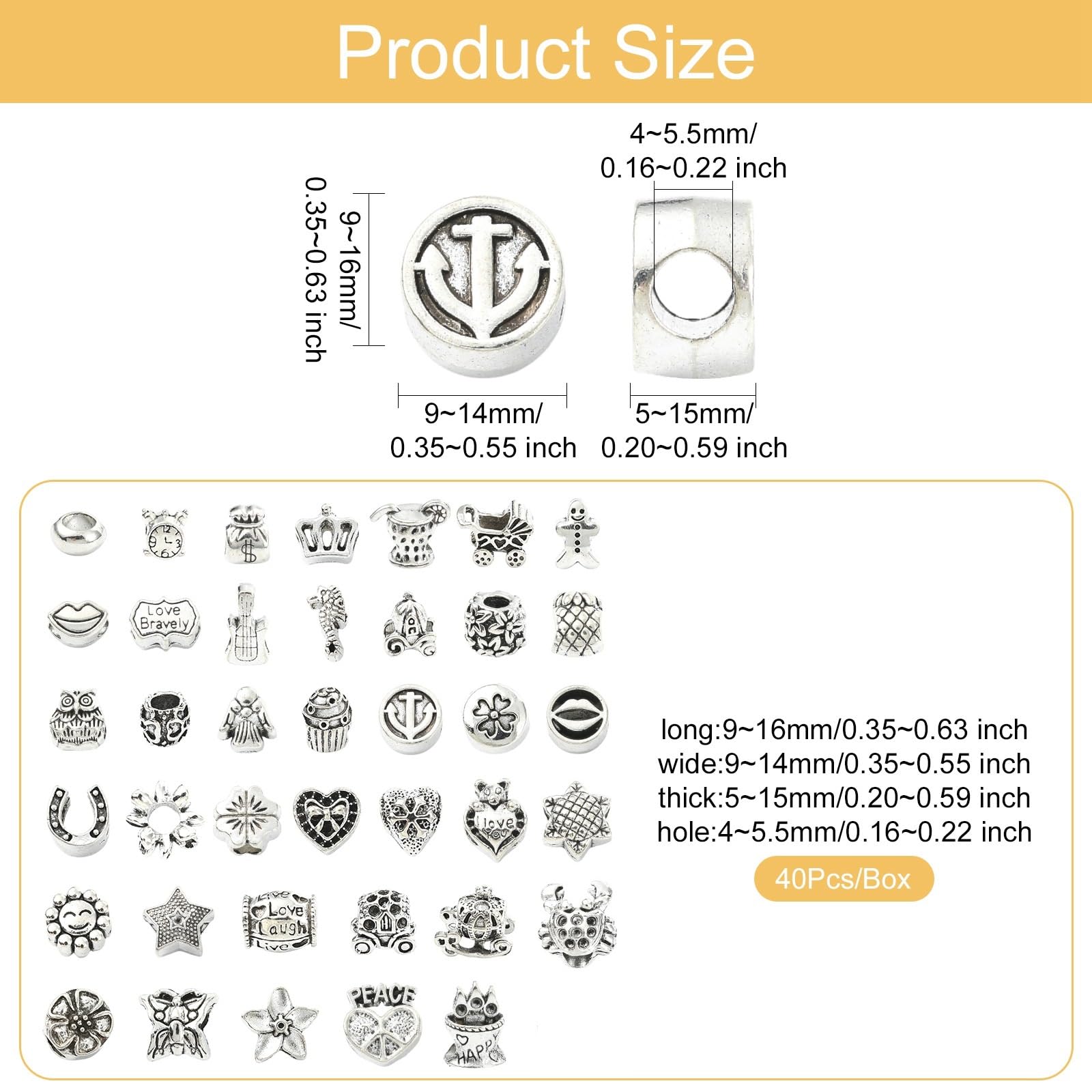 Stiesy 40 Pcs Assorted Tibetan Style Beads Antique Silver Alloy Large Hole Beads with 5.5mm Holes for DIY Charm Bracelet Jewelry Crafting - Image 2