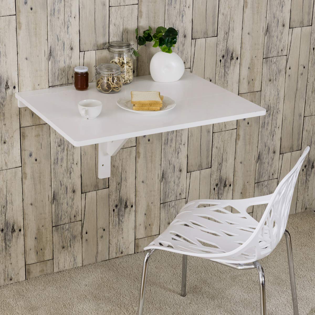 COSTWAY Wandmontierter Klapptisch, 80 x 60 cm, klappbarer Wandtisch, platzsparender Küchentisch Wandklapptisch für Küche Esszimmer Arbeitszimmer (Weiß)