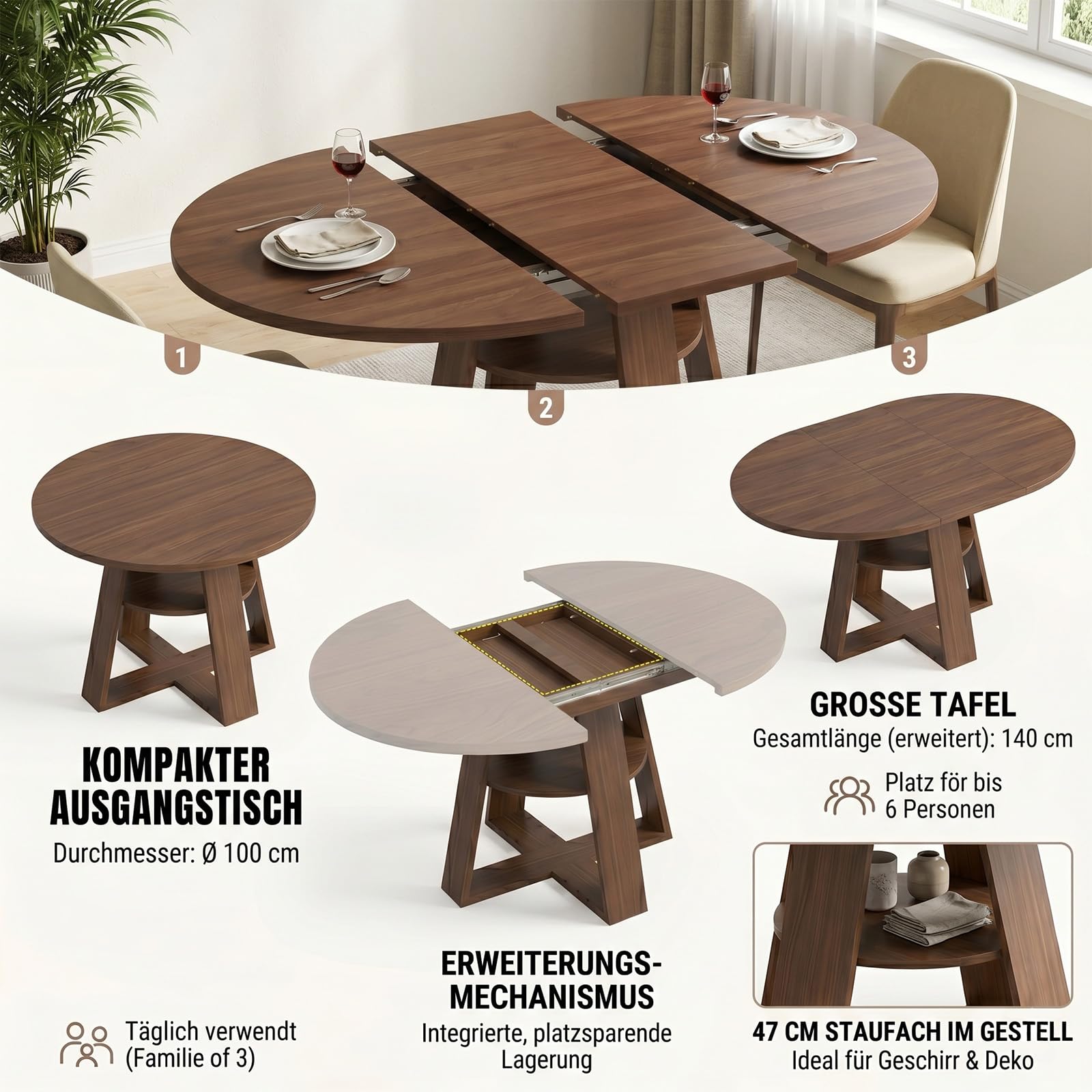 Esstisch Rund Ausziehbar, 100-140cm Moderner Küchentisch Holz, Esszimmertisch Oval für 4-6 Personen, Wohnzimmertisch mit Offenen Ablagen für Küche, Esszimmer und Wohnzimmer