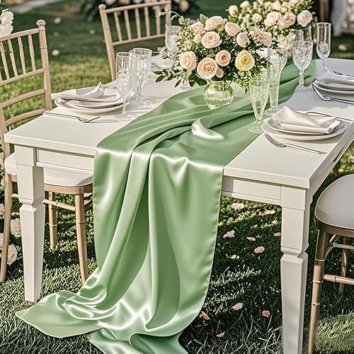 Miniatura 4 de Paquete de 10 caminos de mesa color verde salvia satinado para decoración de fiestas, bodas, cumpleaños, 12 x 108 pulgadas, camino de mesa de boda