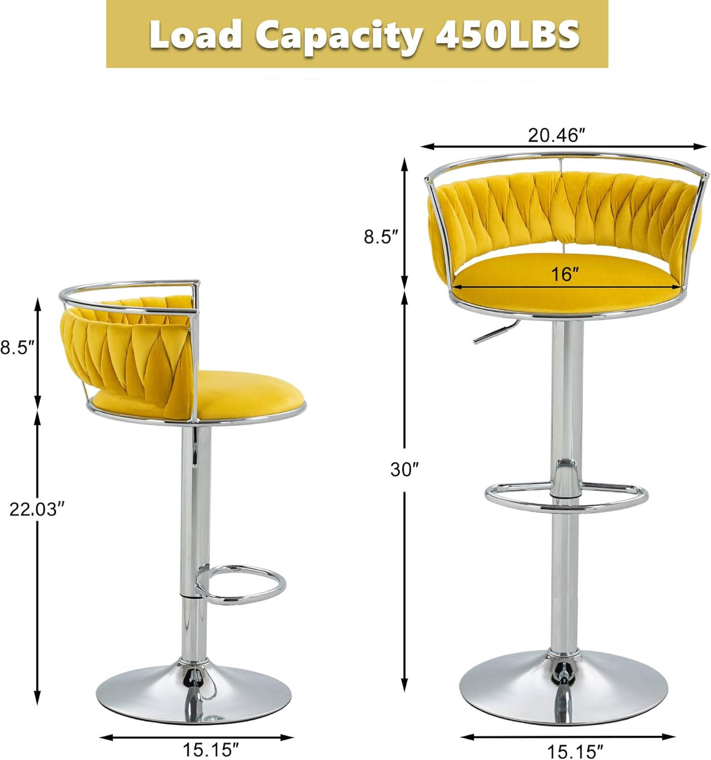 UIXE 360° Swivel Bar Stools Set of 2, Modern Adjustable Counter Height Velvet Bar Chair Silver Metal Stool, Comfy Kitchen Island Dining Chairs with Woven Back & Footrest for Cafe Pub (Yellow)