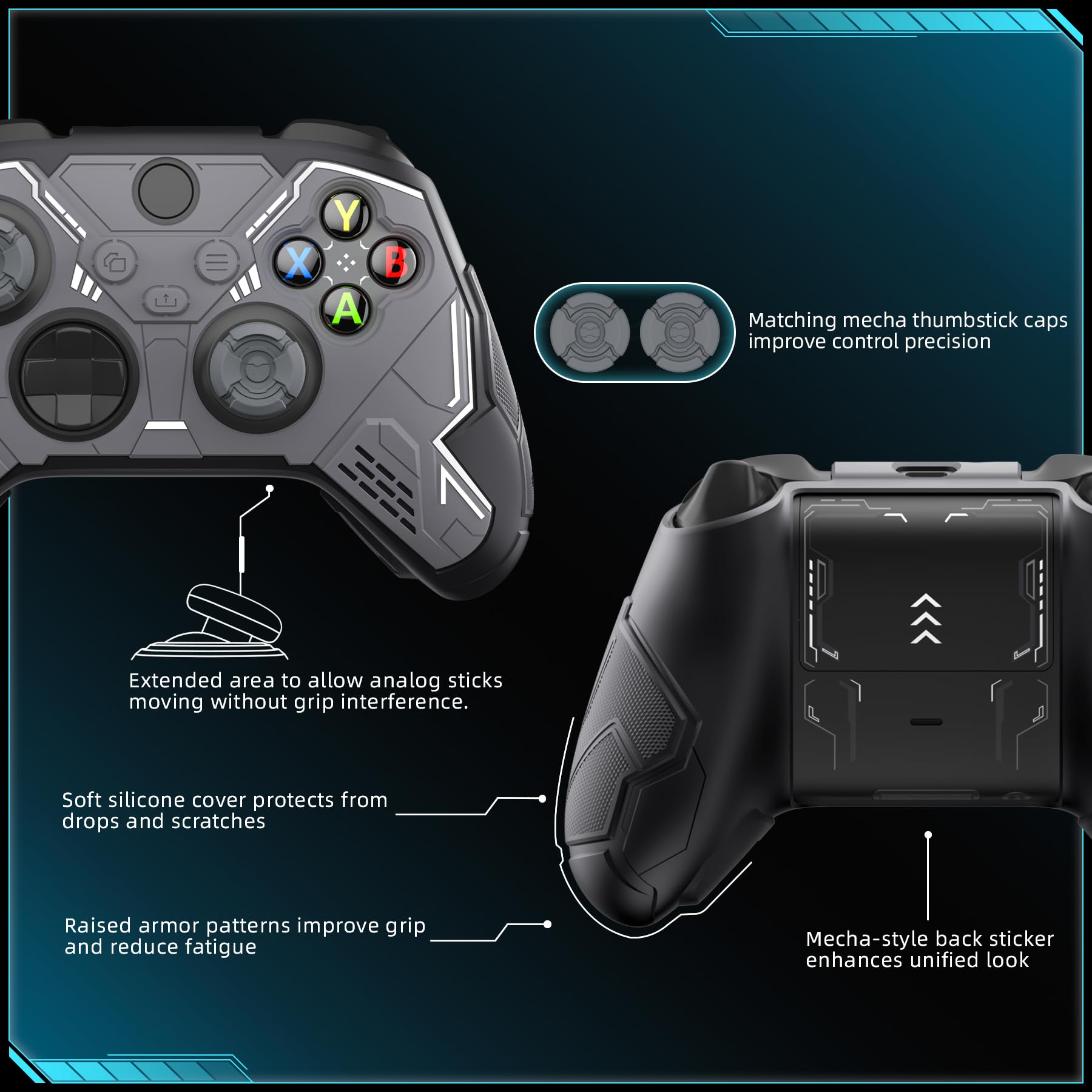 playvital Coque Manette pour Xbox Series X S avec Capuchon Joystick & Autocollant,Housse de Protection Silicone pour Xbox Core Wireless Controller Procetive Case-Noir&Gris Gunmetal,Mecha Stellaire