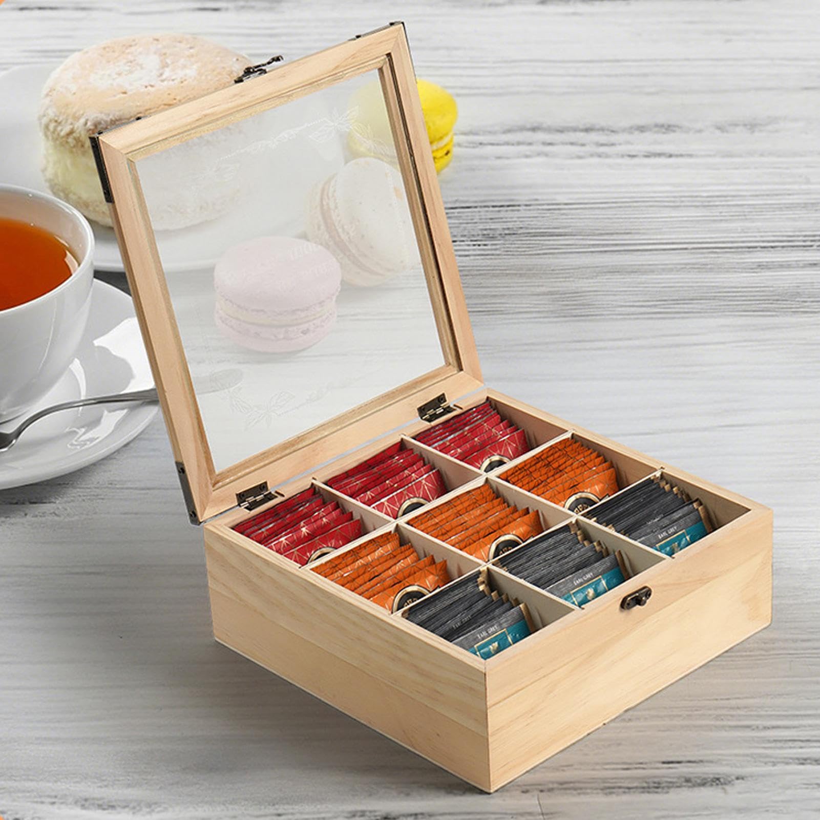 De Té De Madera Organizador De Bolsitas De Té Con 9 Compartimentos