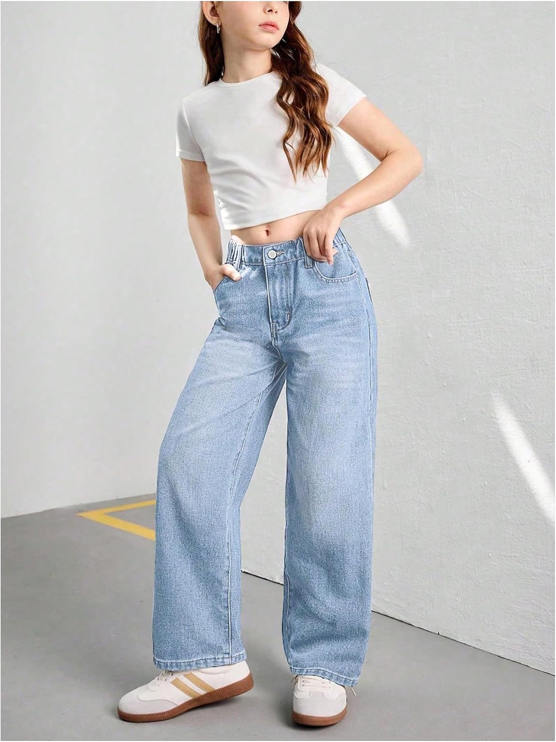 SHENHE Girl's Wide Leg Jeans Elastic Waist Casual Baggy Preppy Denim Pants Trousers