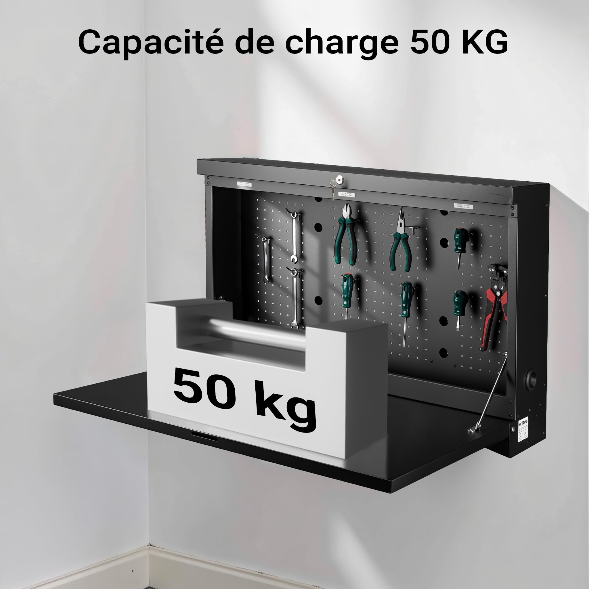 Wiltec Établi Mural Pliant – 912 x 200 x 610 mm – 50 kg Max. – en Acier – Verrouillable – avec Panneau d’accrochage – Banc de Travail Atelier Maison Bricolage