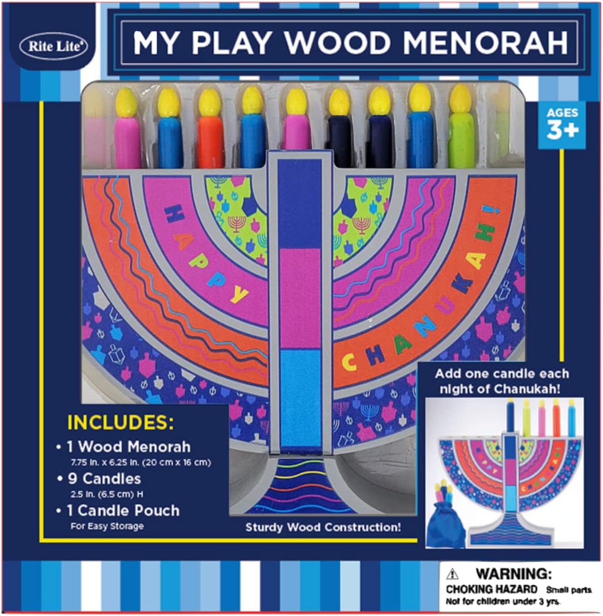 Rite Lite My Play Wooden Menorah with Removable Wooden Candles - Colorful Chanukah Menorah for Kids Hanukkah Gifts Decorations Centerpiece, Jewish Holiday Party Favors