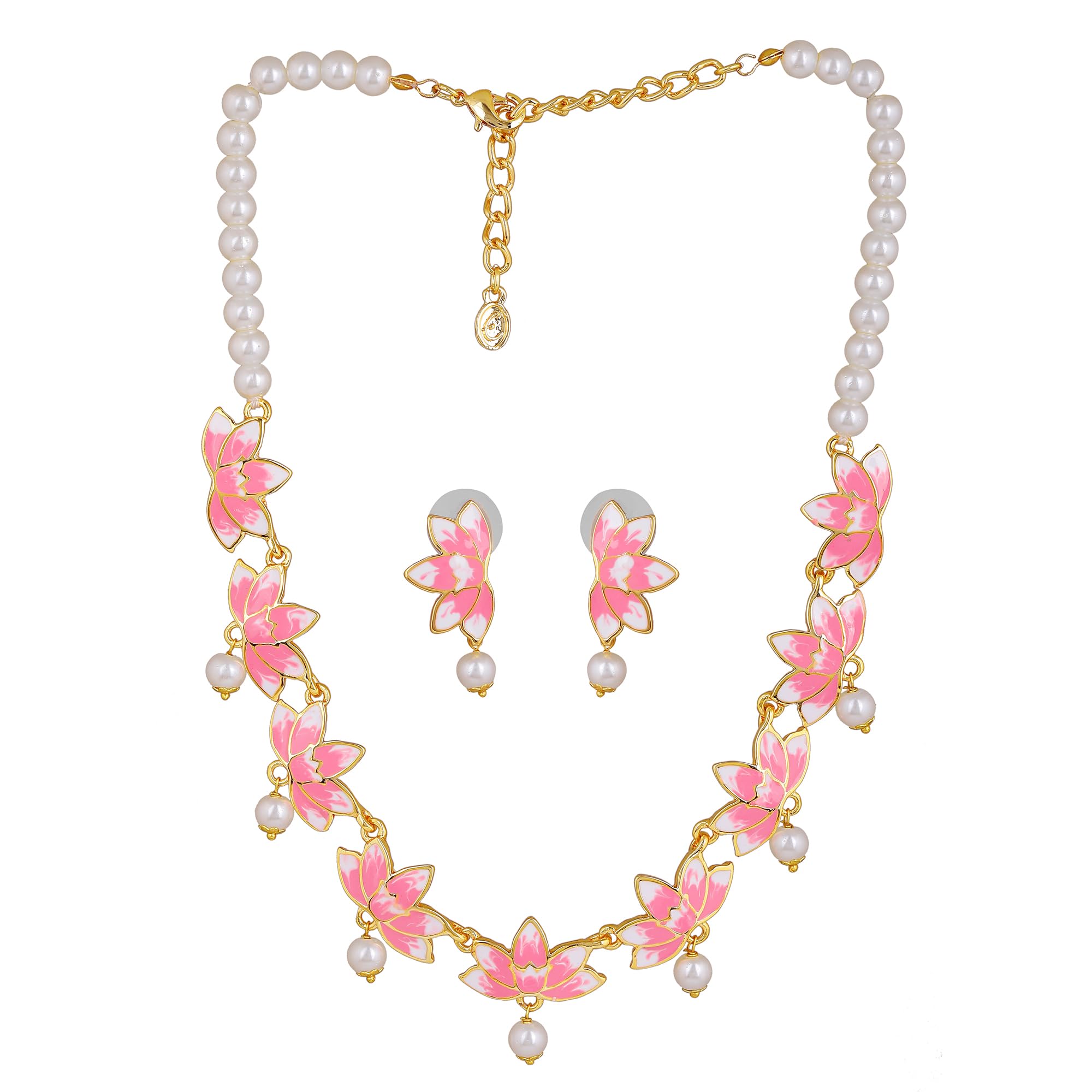 Estele Jewellery Sets for Women Gold Plated Pink & White Enamel Attractive Lotus Designer Ethnic Pearl Necklace Set Versatile Chic for Women & Girls