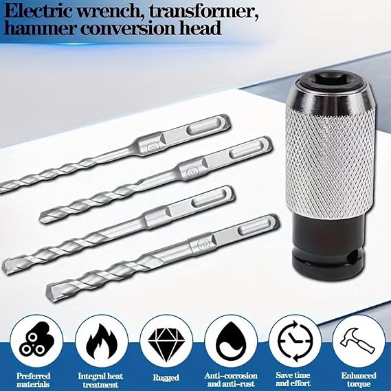 Rotary Hammer Adapter with Impact Drill Bits Set, Multi-Functional Electric Hammer to Drill Converter with 4 Sizes Drills, Quick Release Adapters Converter, Air Hammers Socket Transformers(1PC)