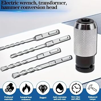 Rotary Hammer Adapter with Impact Drill Bits Set, Multi-Functional Electric Hammer to Drill Converter with 4 Sizes Drills, Quick Release Adapters Converter, Air Hammers Socket Transformers(1PC)