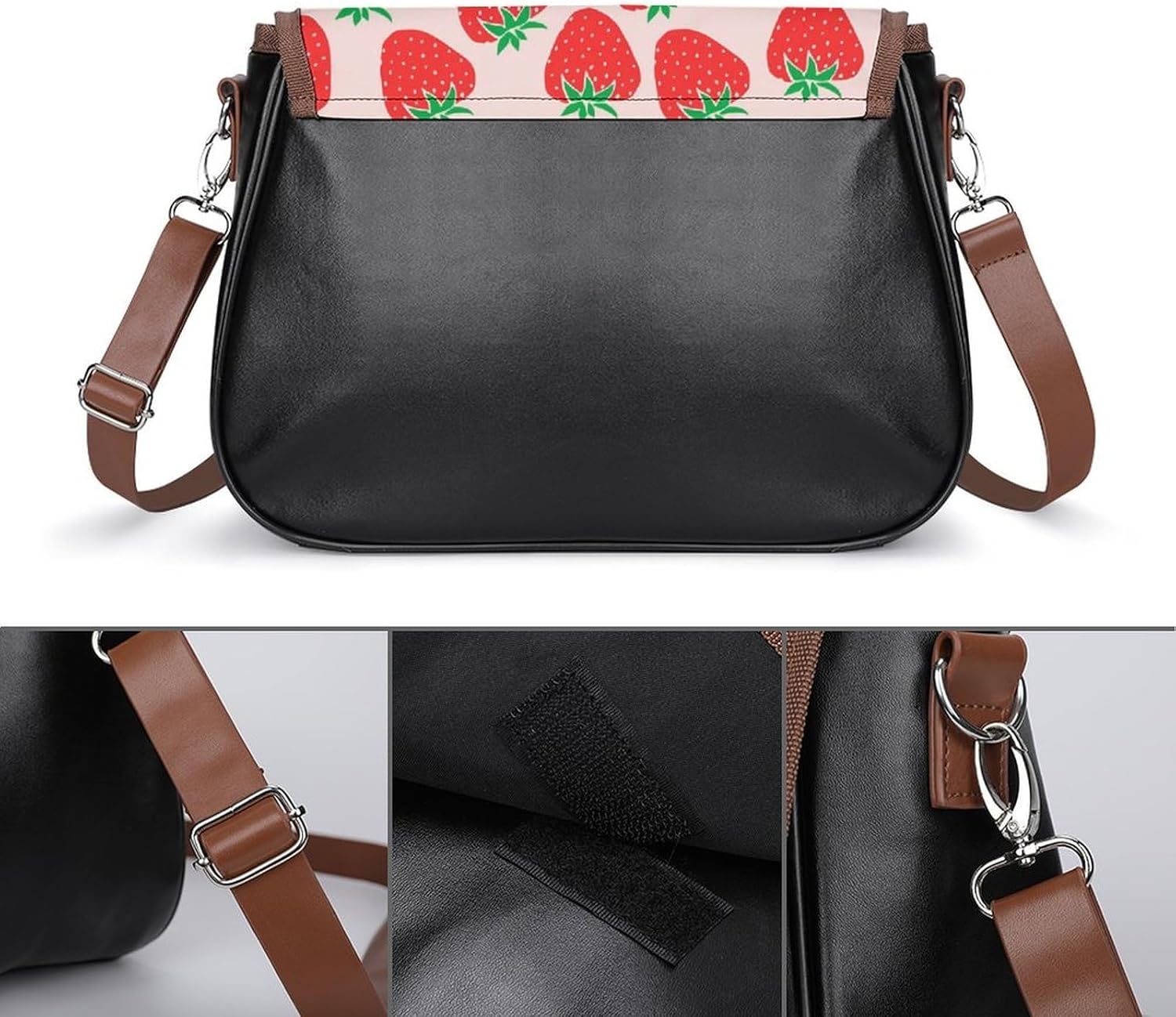 Cute StrawberriesWomen's Faux Leather Crossbody Bag, Waterproof Wrinkle-Resistant Shoulder Bag with Detachable Strap, Large Capacity Casual Handbag, Fashion Daily Purse for Shopping Work Dating, Ideal