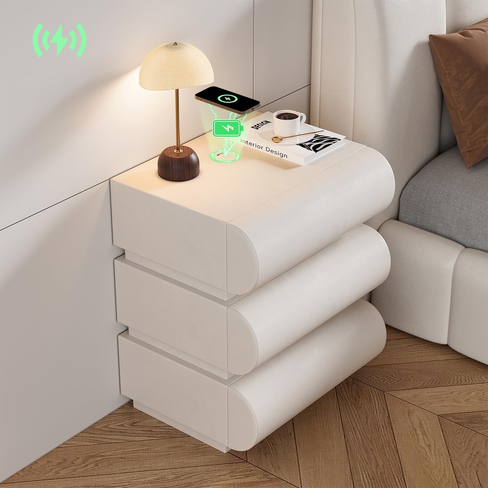 homary Smart Nightstand with Wireless Charging, USB & Type-C Ports – Modern Off White Faux Leather Nightstand with 3 Drawers, Bedside Table with Charging Station for Bedroom