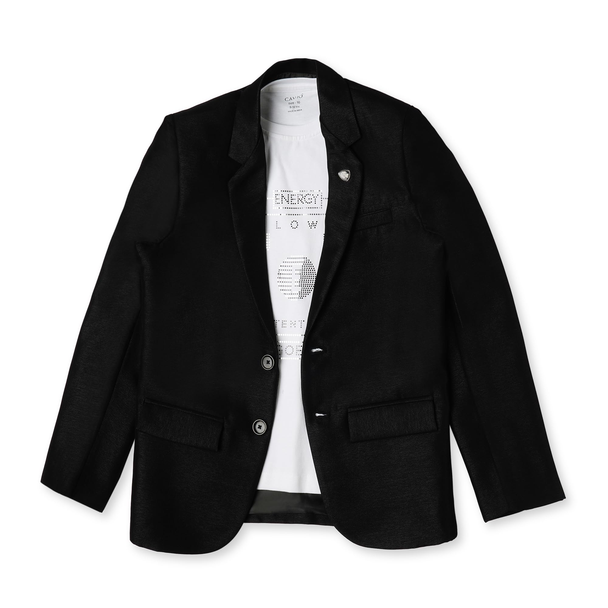 CAVIO Boys Regular Fit Solid Cotton Single Breasted Blazer and T-Shirt Black 2