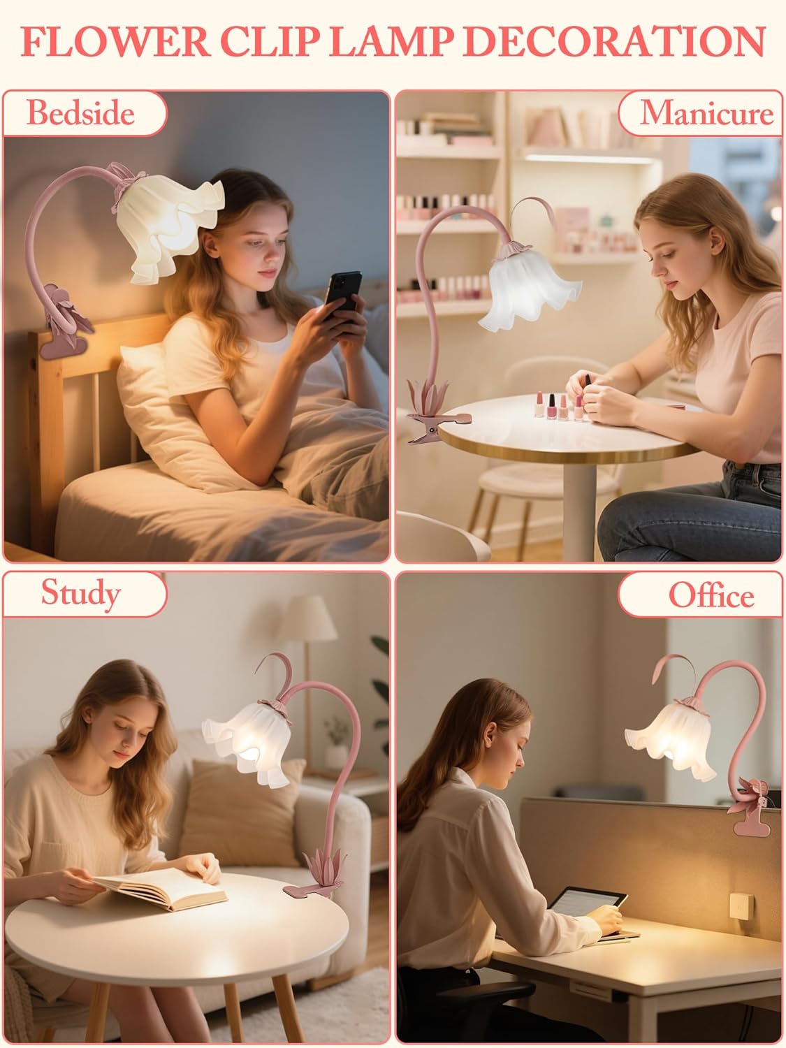 Flower Desk Lamp,LED Reading Light 360°Rotation Clip on Lamps,Vintage Flower Bedside Night Light,3 Colors Modes Book Lights Decor for Bedroom Bed Headboard Office Lighting Home Decoration (Pink)