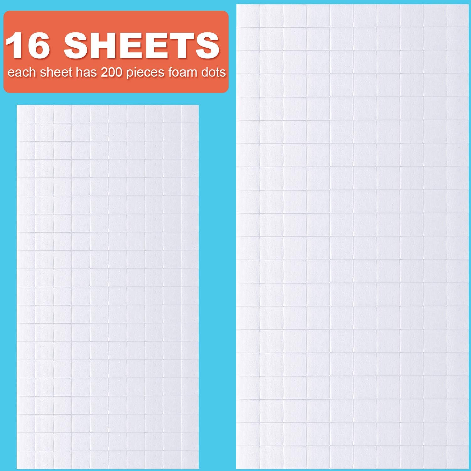 Zonon 16 Sheets Adhesive Foam Squares 3200 Pcs Double Sided Self Dots Precut Squares Sticky Foam Dots Adhesive Tapes for Teacher Classroom DIY Crafts Scrapbook Office Supplies 2 Size