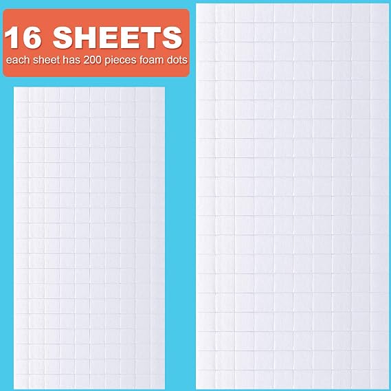 Zonon 16 Sheets Adhesive Foam Squares 3200 Pcs Total Double Sided Foam Dots Mini Precut Squares Sticky Pop Dots Tapes for DIY Crafts Shaker Cards Scrapbook Office Supplies 2 Size