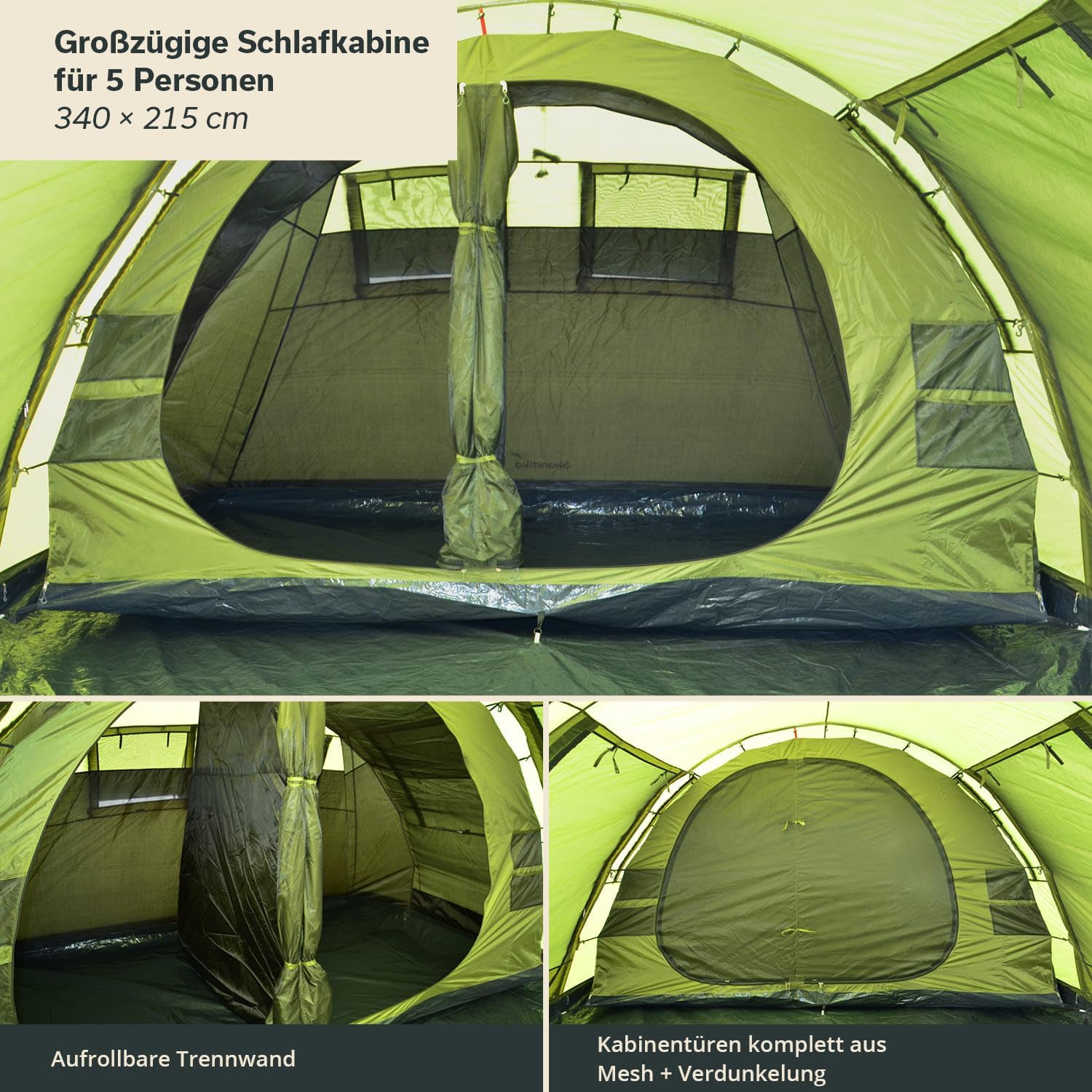 Skandika Gotland tent sleeping cabin with roll-up divider and mesh/blackout doors